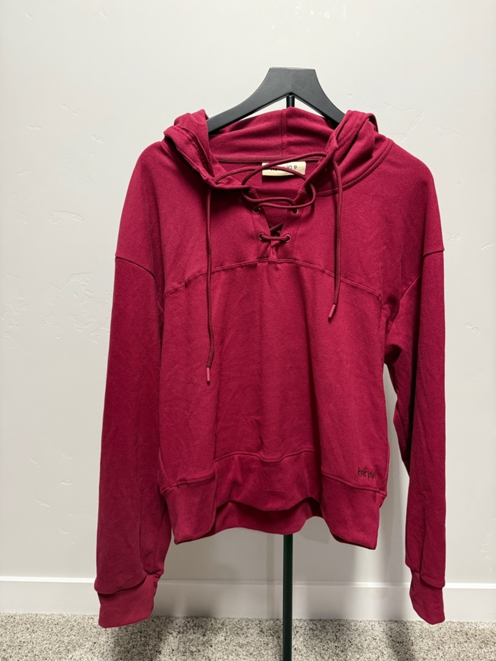 Kensie Lace-Up Hooded Pullover Sweatshirt - Berry